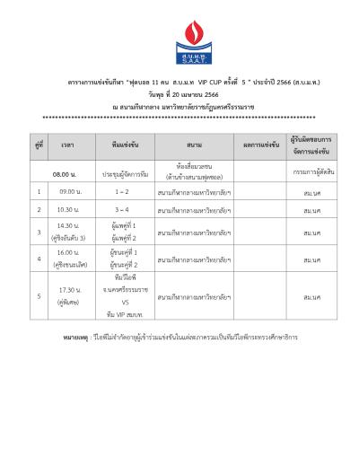 ระเบียบการแข่งขันกีฬา “ฟุตบอล 11 คน ส.บ.ม.ท VIP CUP ครั้งที่ 5” ประจำปี 2566 (ส.บ.ม.ท.) วันพุธ ที่ 20 เมษายน 2566 ณ สนามกีฬามหาวิทยาลัยราชภัฏนครศรีธรรมราช